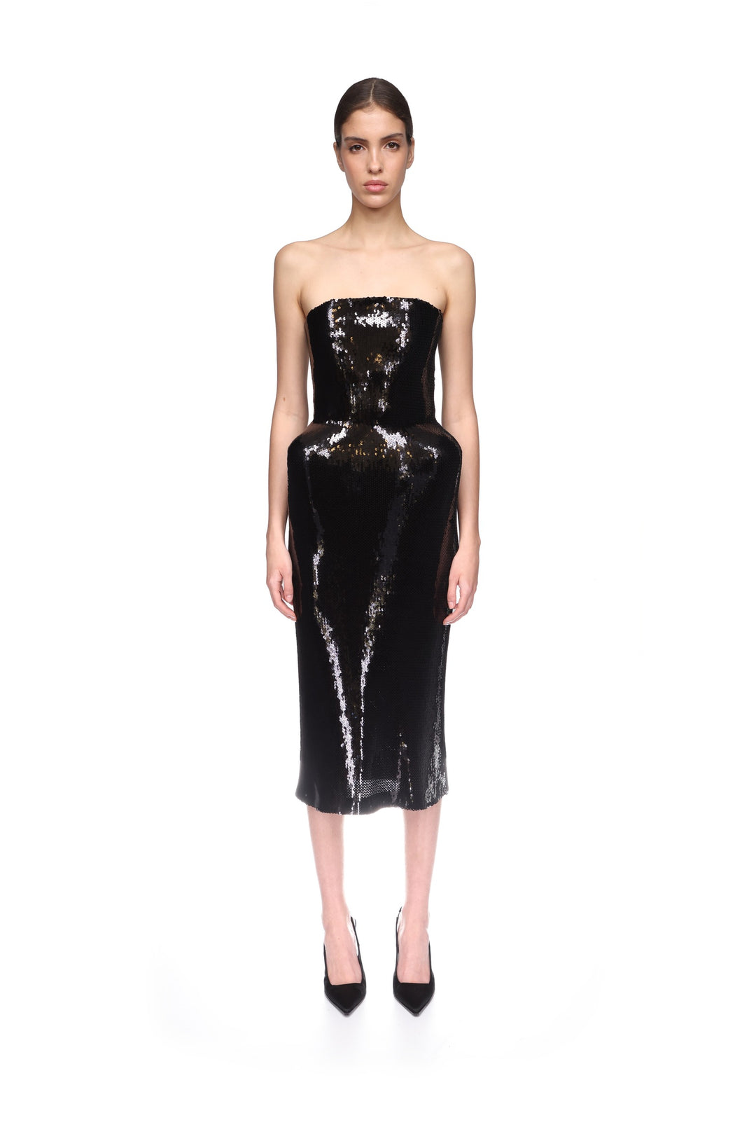 PADDED HIP DETAIL SEQUIN MIDI DRESS