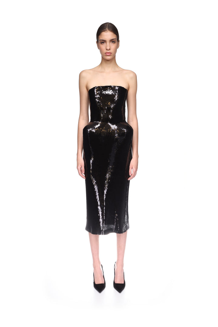PADDED HIP DETAIL SEQUIN MIDI DRESS