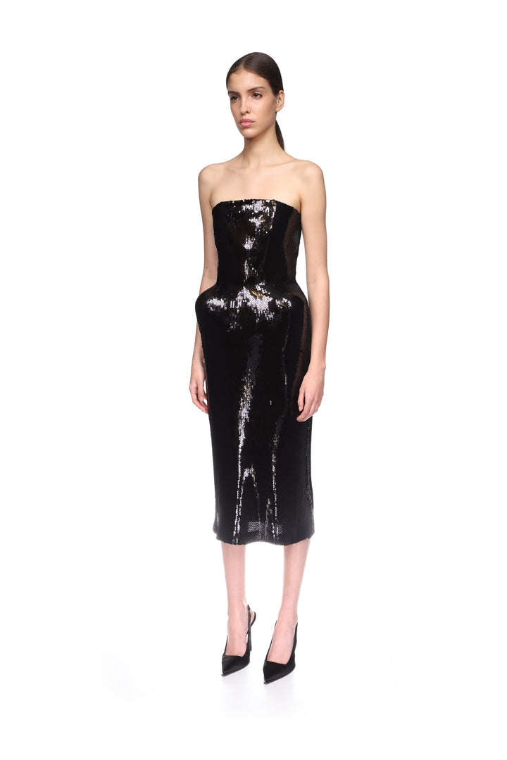 PADDED HIP DETAIL SEQUIN MIDI DRESS