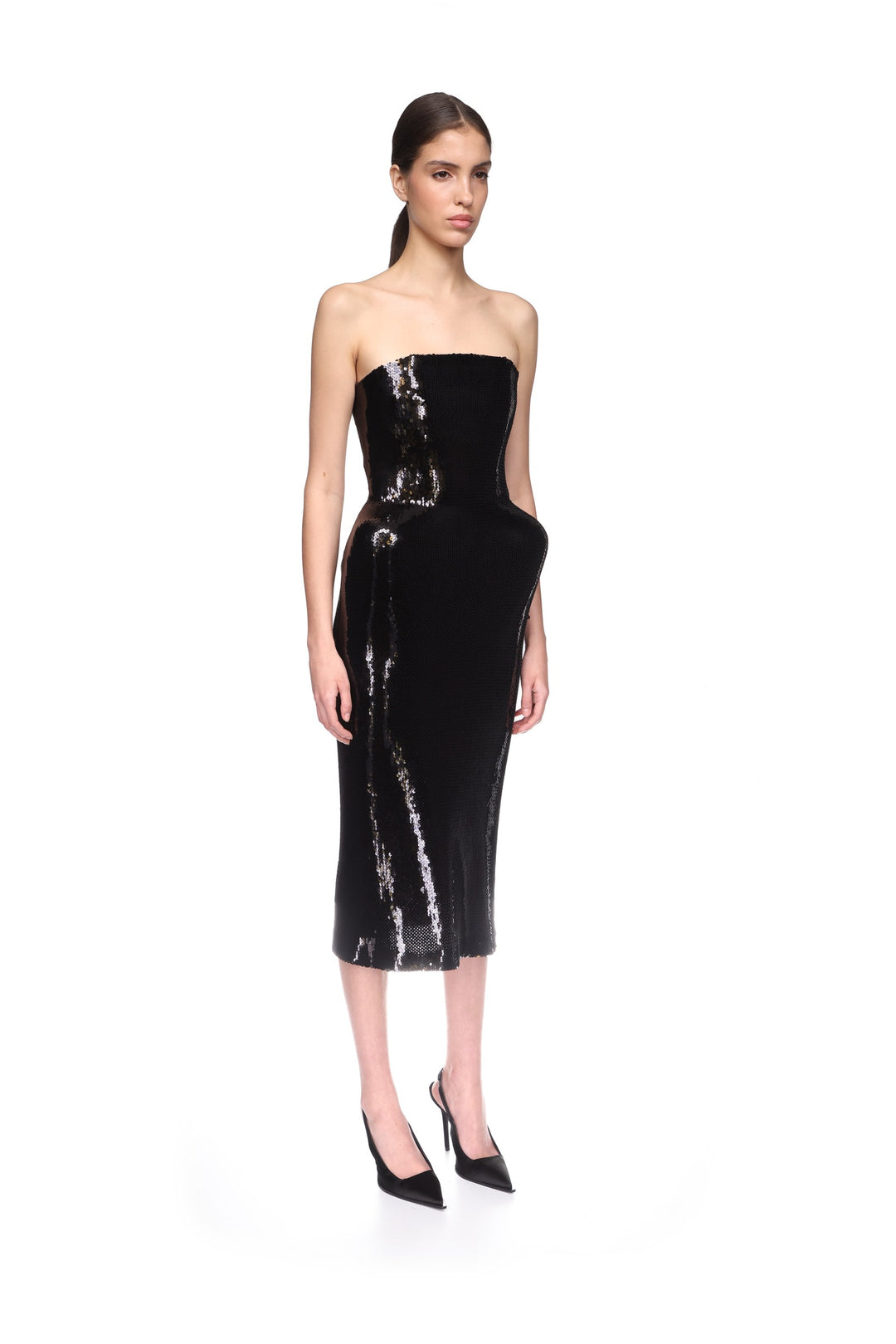 PADDED HIP DETAIL SEQUIN MIDI DRESS