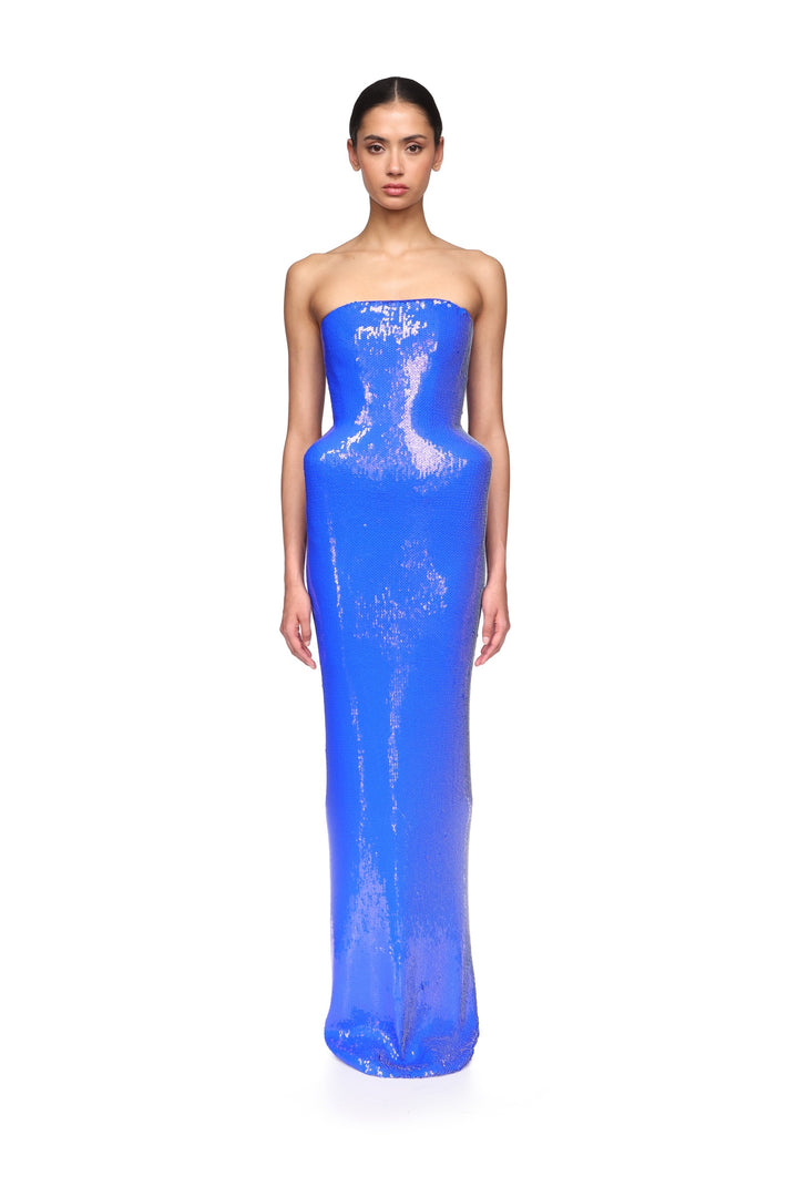 PADDED HIP DETAIL SEQUIN GOWN