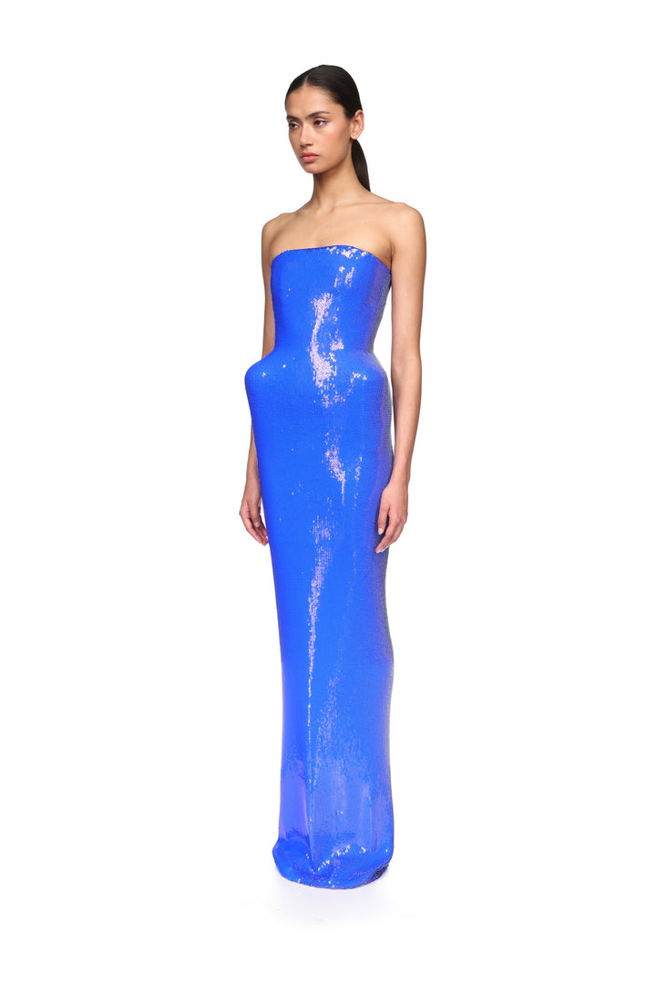 PADDED HIP DETAIL SEQUIN GOWN