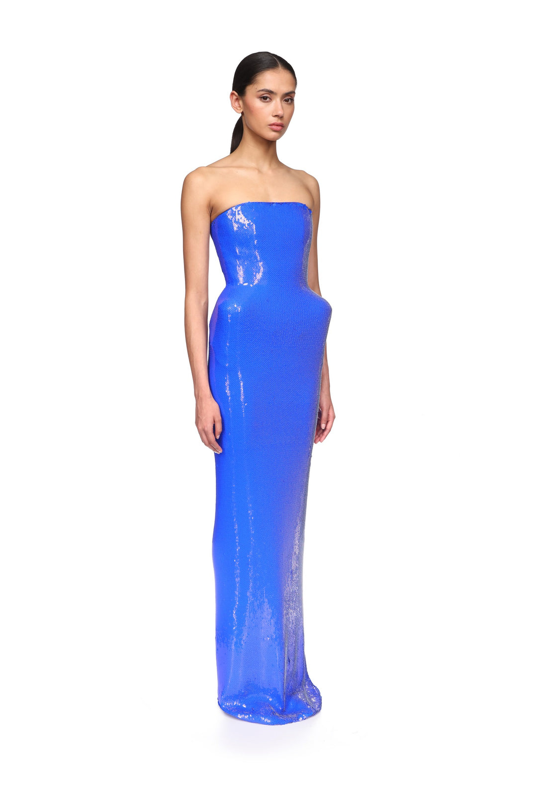 PADDED HIP DETAIL SEQUIN GOWN