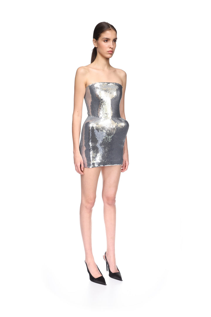 PADDED HIP DETAIL SEQUIN MINI DRESS