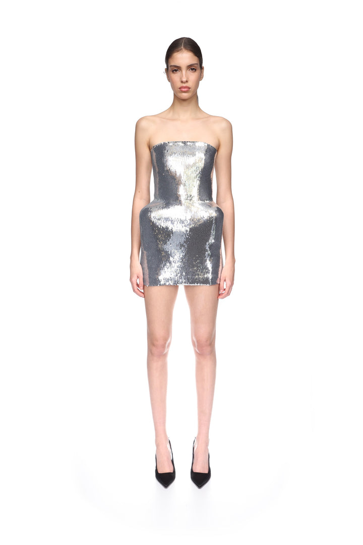 PADDED HIP DETAIL SEQUIN MINI DRESS
