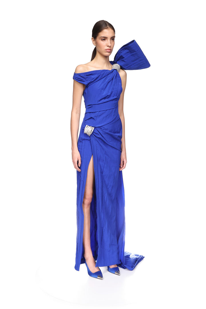 ASYMMETRIC OVERSIZED BOW DETAIL GOWN