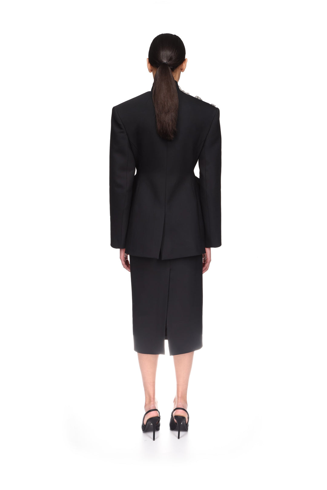 CRYSTAL BROOCH AND PADDED HIP DETAIL JACKET