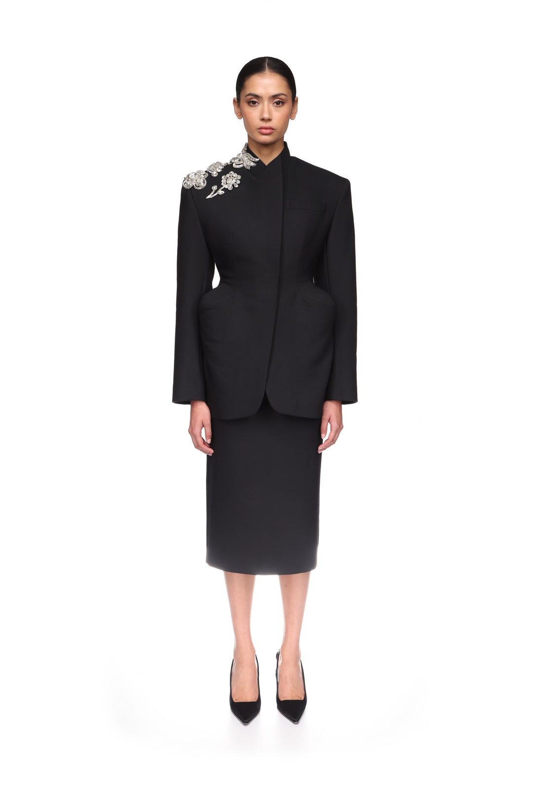CRYSTAL BROOCH AND PADDED HIP DETAIL JACKET