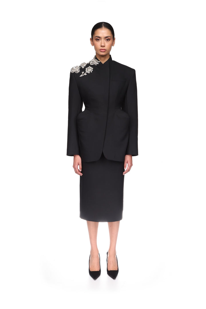CRYSTAL BROOCH AND PADDED HIP DETAIL JACKET