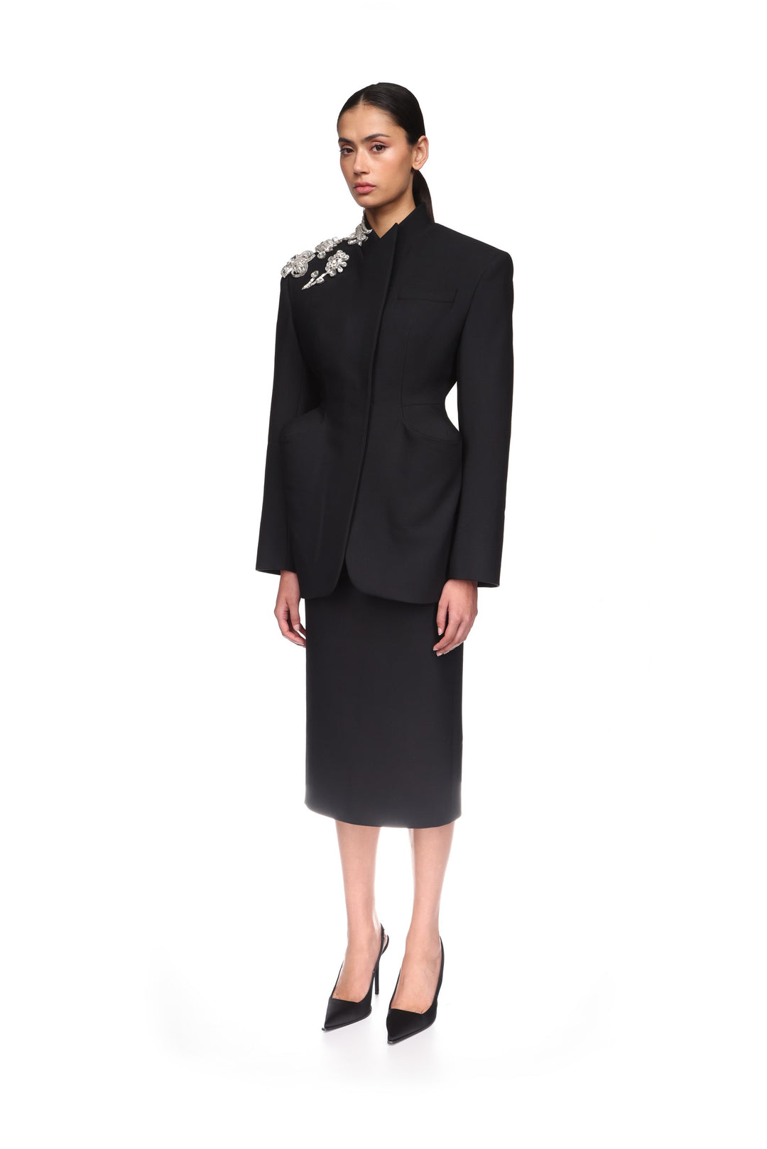 CRYSTAL BROOCH AND PADDED HIP DETAIL JACKET
