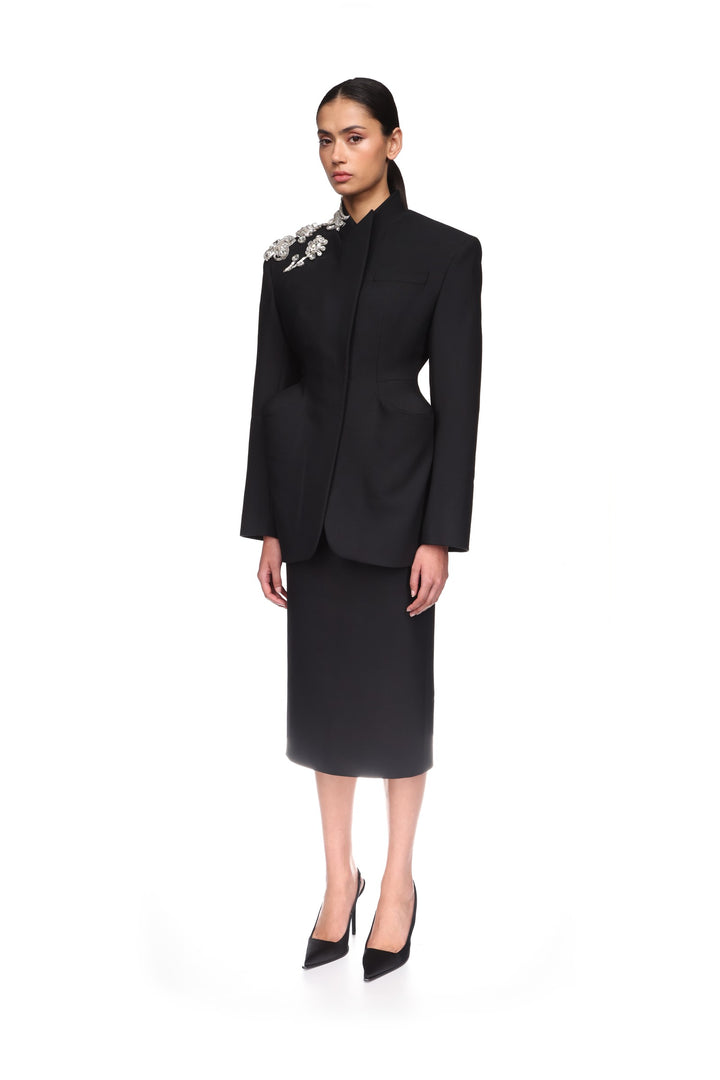 CRYSTAL BROOCH AND PADDED HIP DETAIL JACKET