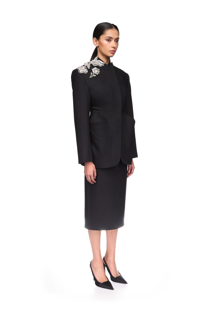 CRYSTAL BROOCH AND PADDED HIP DETAIL JACKET