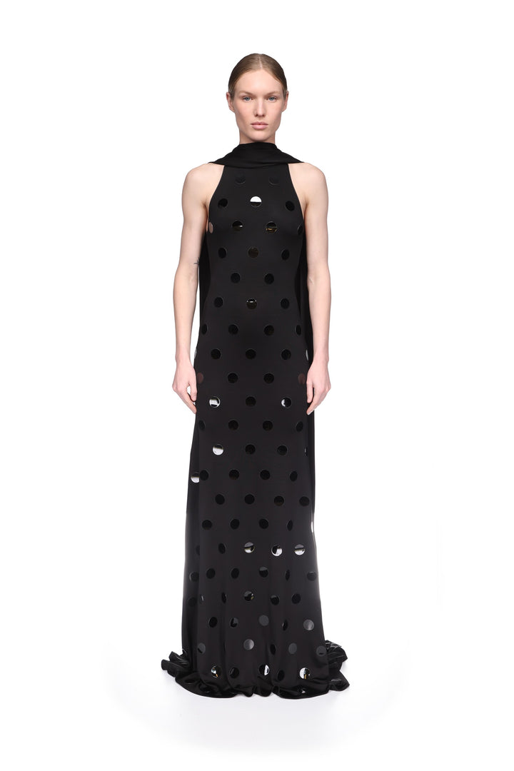 POLKA-DOT HOTFIX GOWN WITH SCARF DETAIL