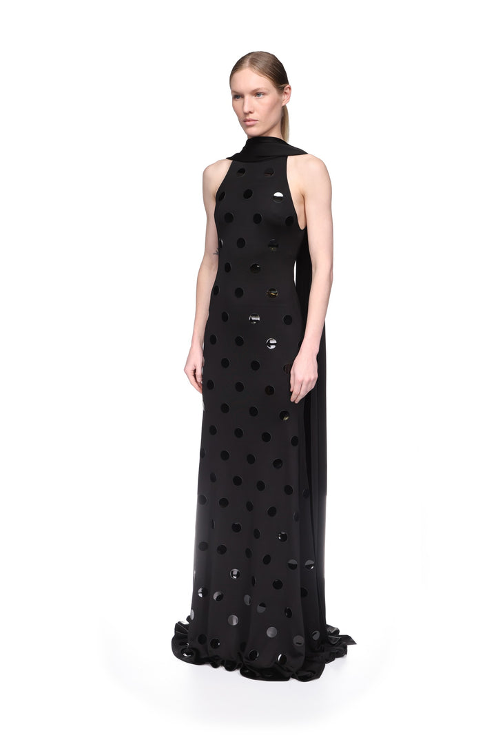 POLKA-DOT HOTFIX GOWN WITH SCARF DETAIL