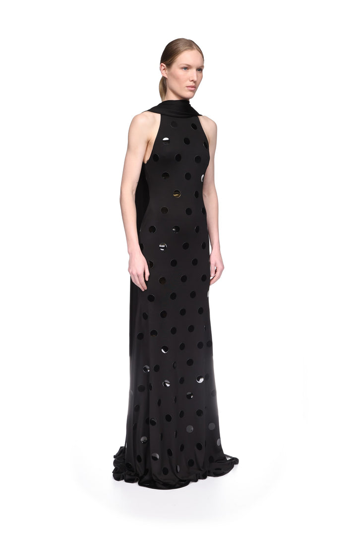 POLKA-DOT HOTFIX GOWN WITH SCARF DETAIL