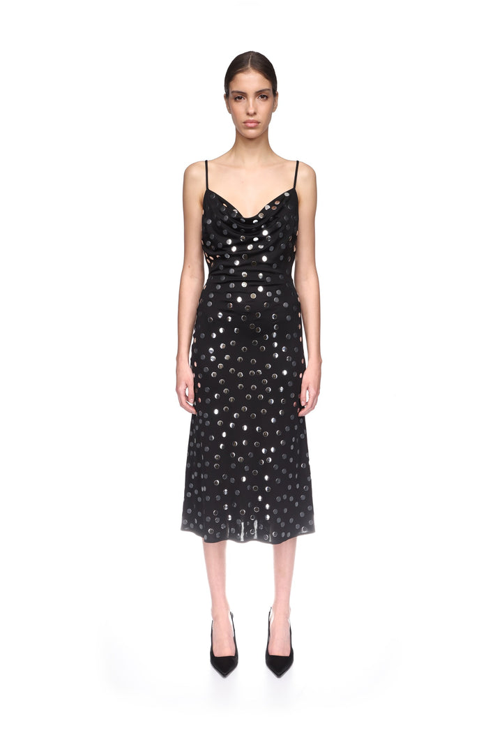 SILVER POLKA-DOT AND COWL NECK MIDI DRESS
