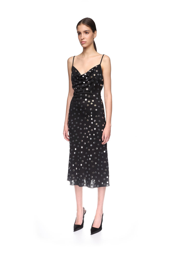 SILVER POLKA-DOT AND COWL NECK MIDI DRESS