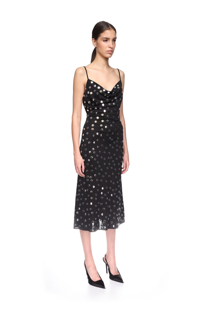 SILVER POLKA-DOT AND COWL NECK MIDI DRESS