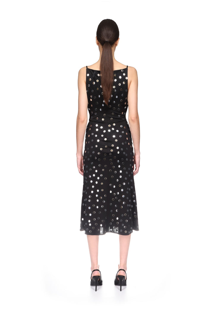 SILVER POLKA-DOT AND COWL NECK MIDI DRESS