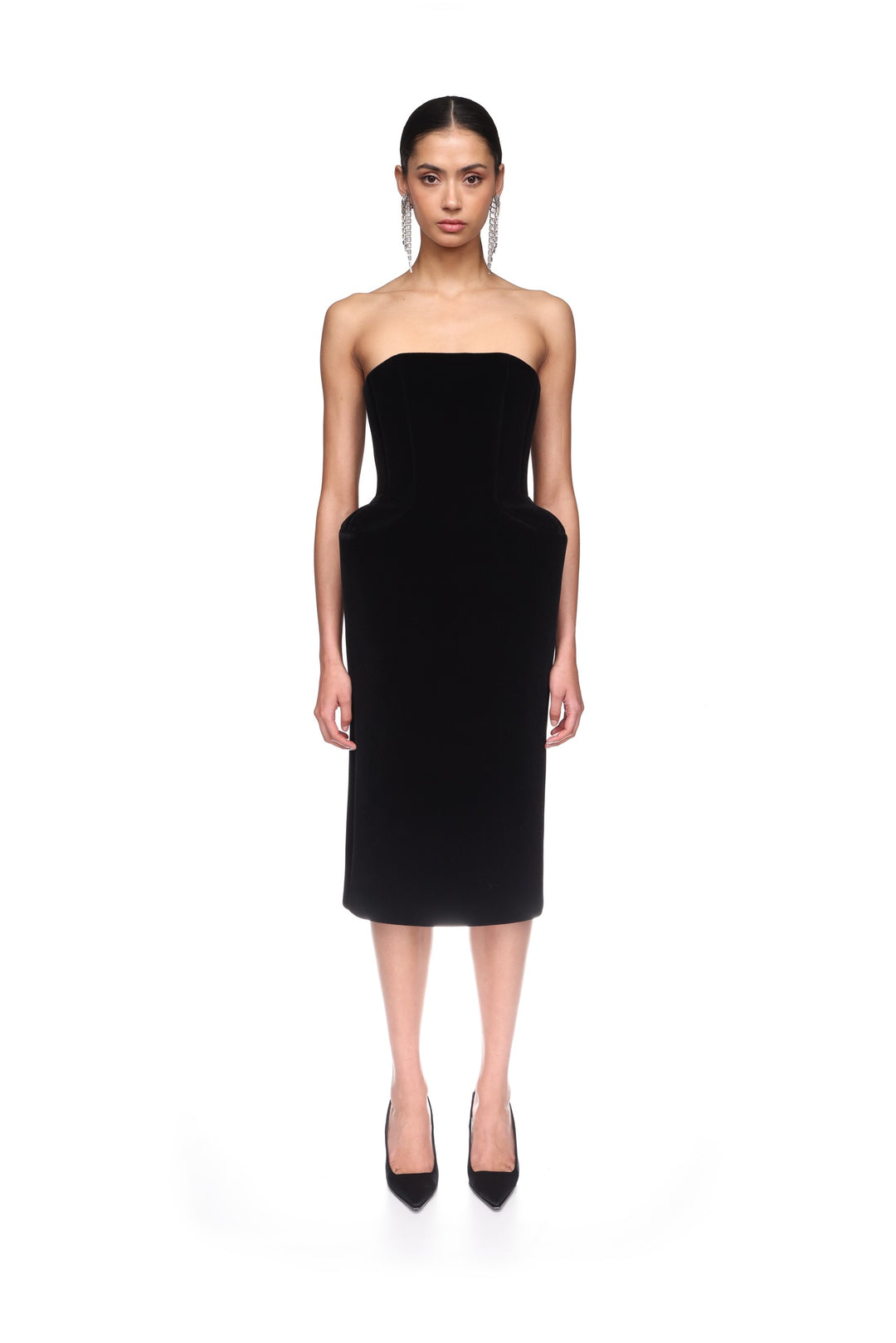 PADDED HIP VELVET MIDI DRESS