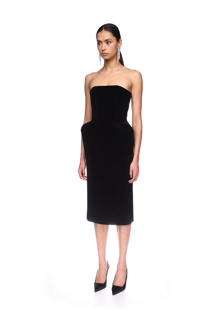 PADDED HIP VELVET MIDI DRESS