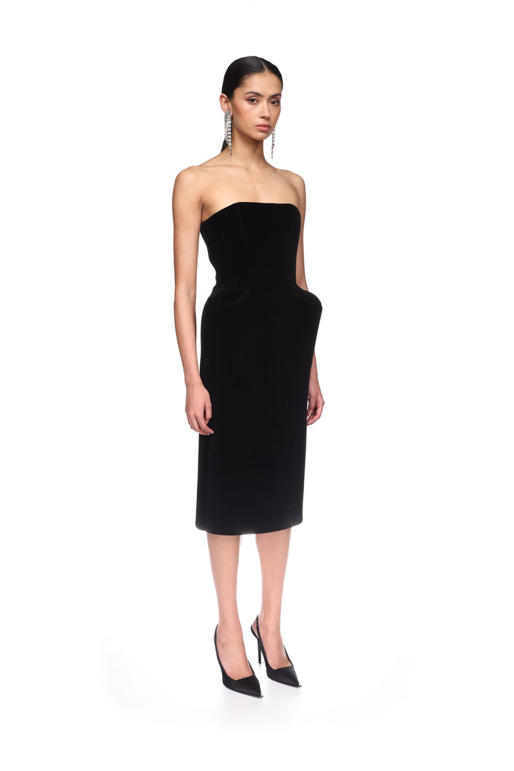 PADDED HIP VELVET MIDI DRESS