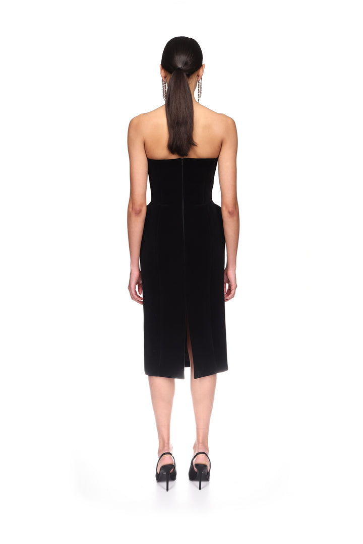 PADDED HIP VELVET MIDI DRESS
