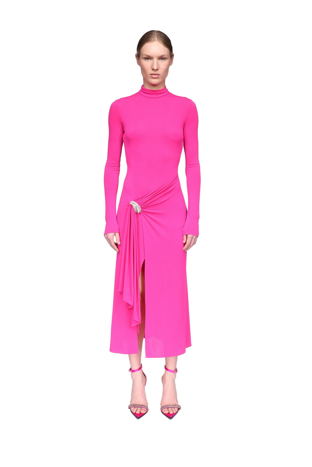 CRYSTAL ARCH AND LONG SLEEVE MIDI DRESS IN BLACK