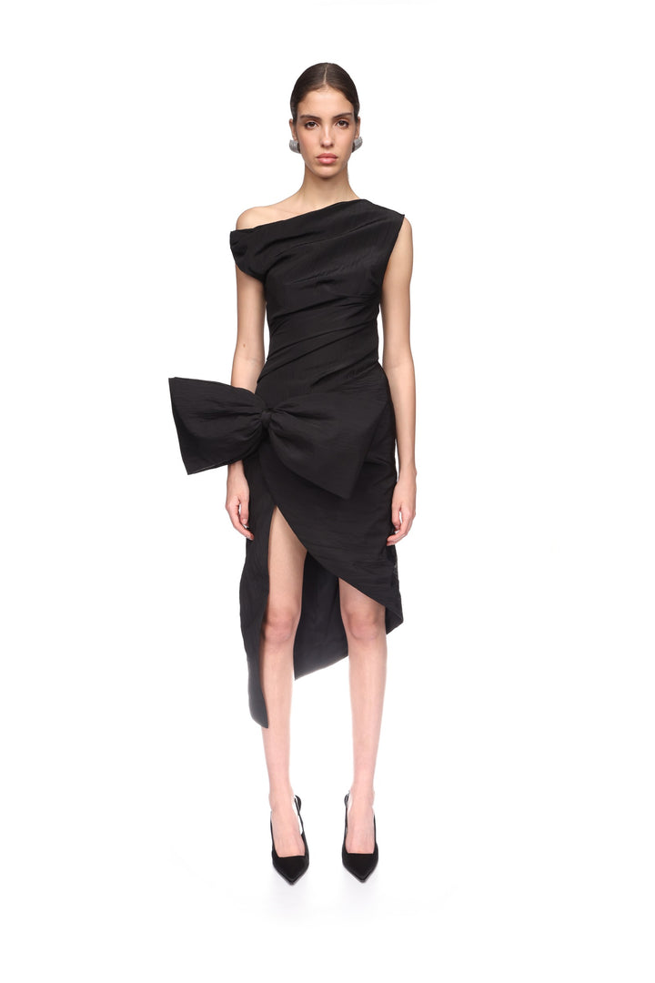 DROP SHOULDER MIDI DRESS WITH BOW IN BLACK
