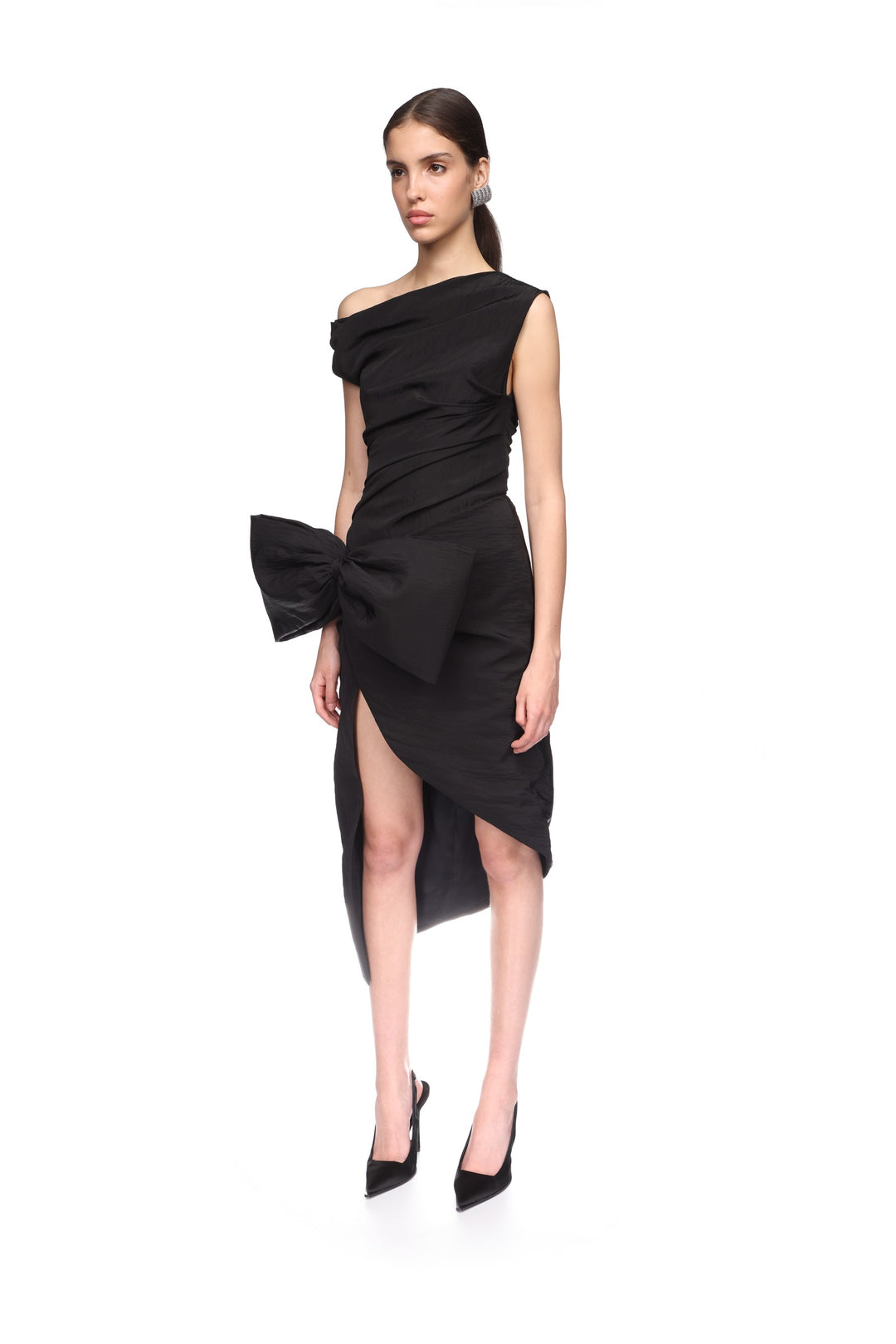 DROP SHOULDER MIDI DRESS WITH BOW IN BLACK