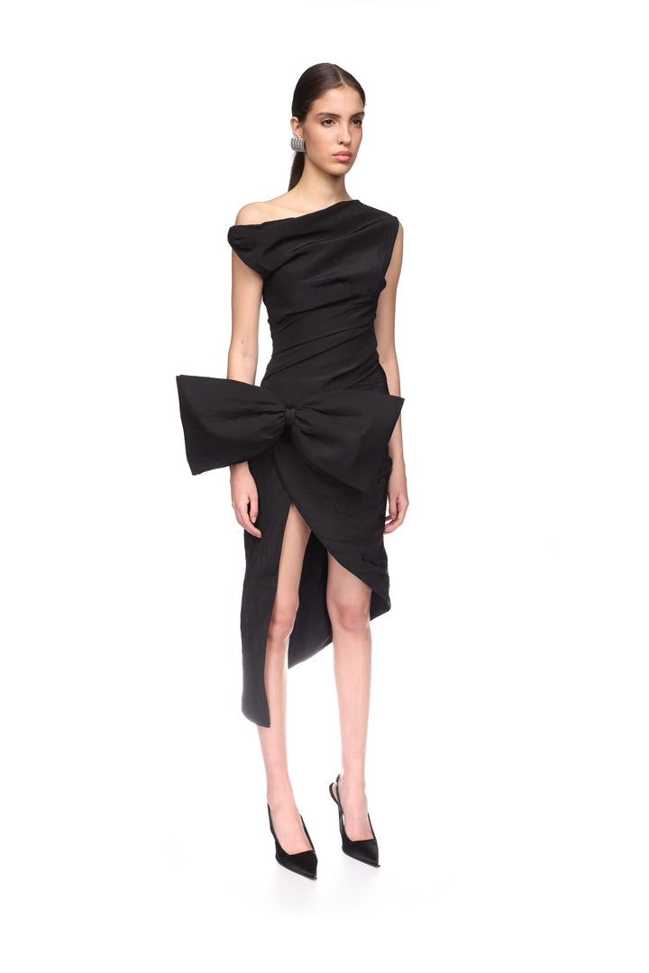 DROP SHOULDER MIDI DRESS WITH BOW IN BLACK