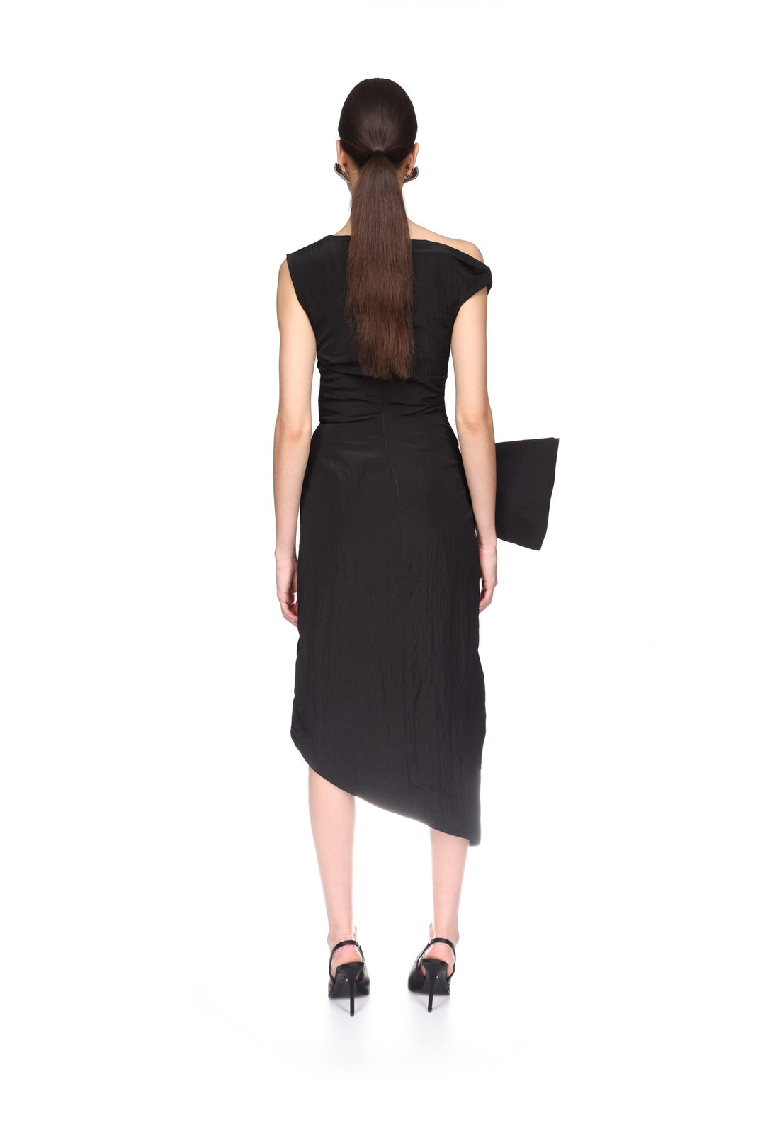 DROP SHOULDER MIDI DRESS WITH BOW IN BLACK