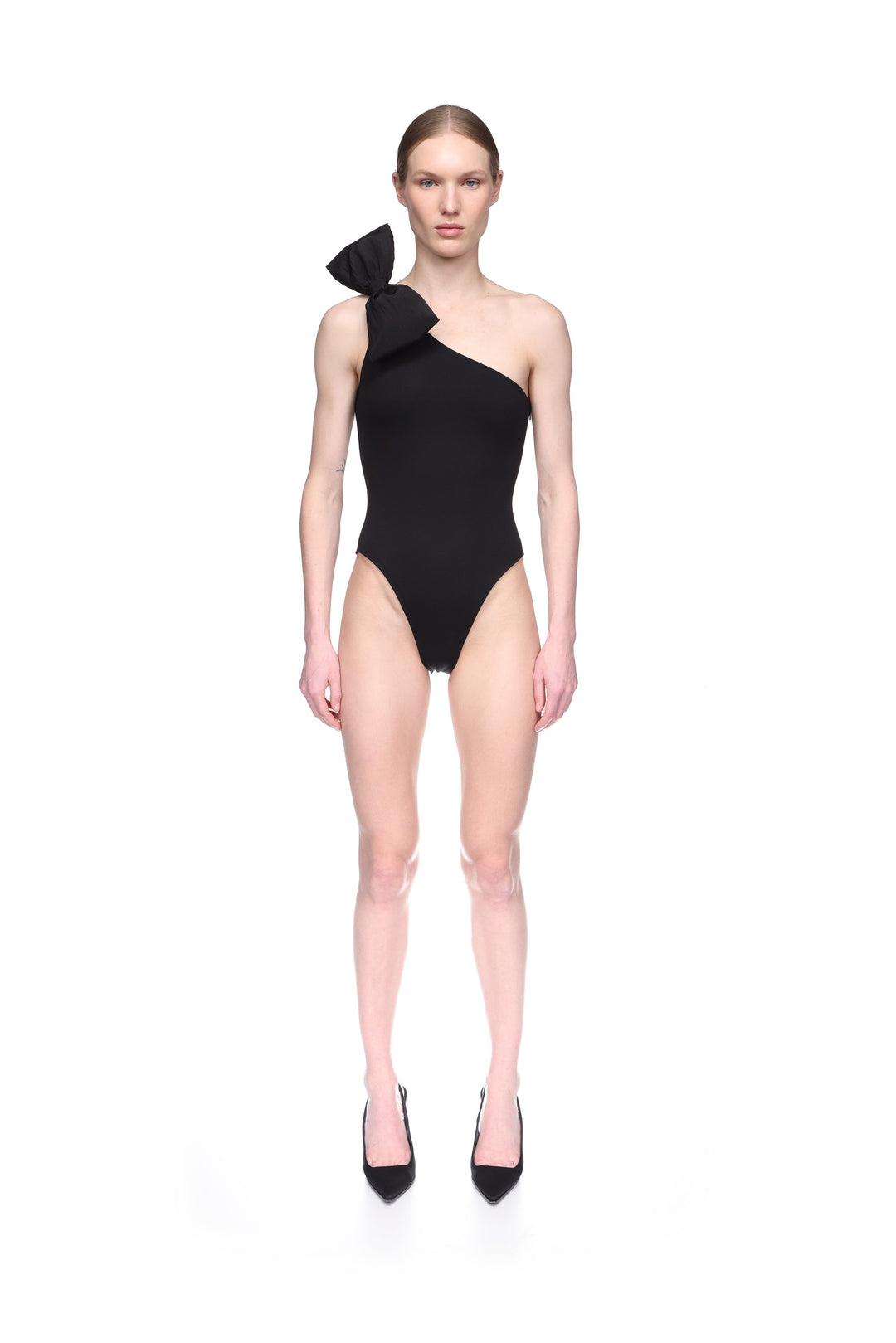 ONE SHOULDER BOW DETAIL BODYSUIT IN BLACK
