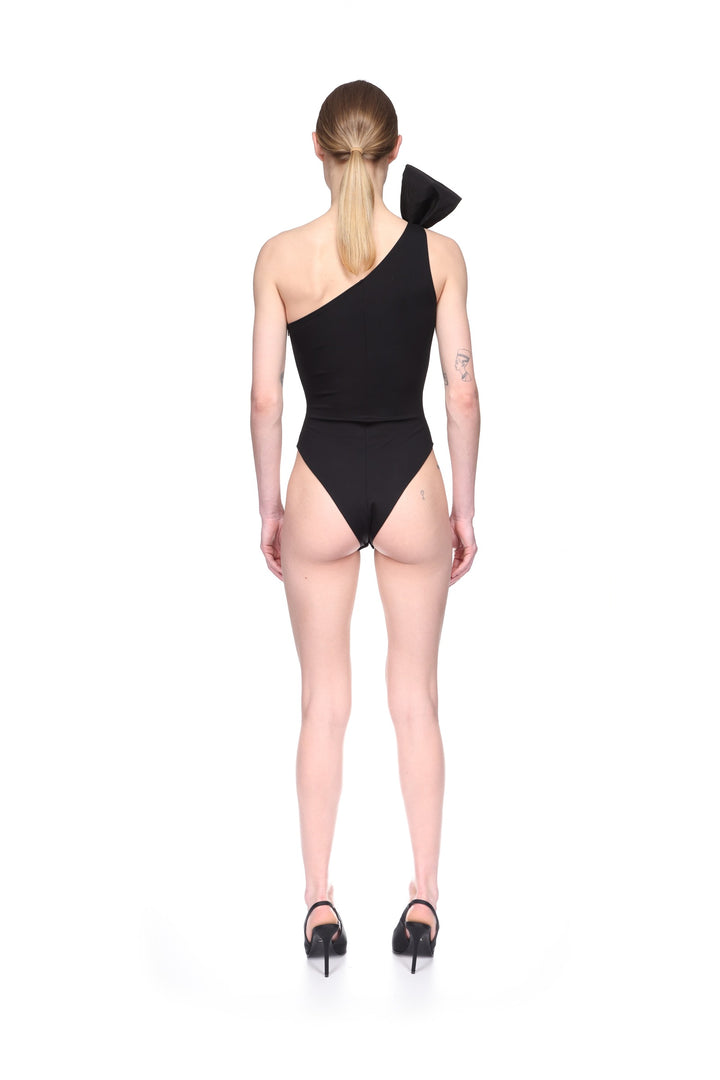 ONE SHOULDER BOW DETAIL BODYSUIT IN BLACK