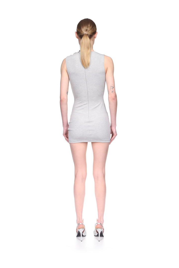 CRYSTAL BROOCH AND RUCHED JERSEY MINI DRESS