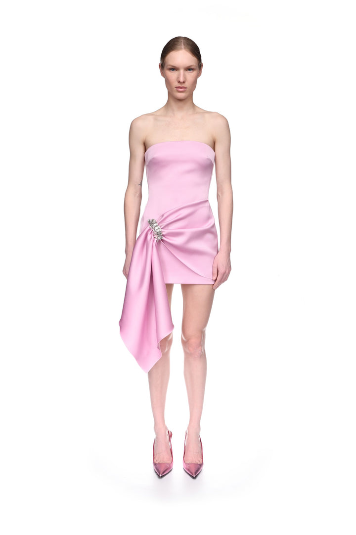 CRYSTAL BROOCH AND DRAPED HEM MINI DRESS
