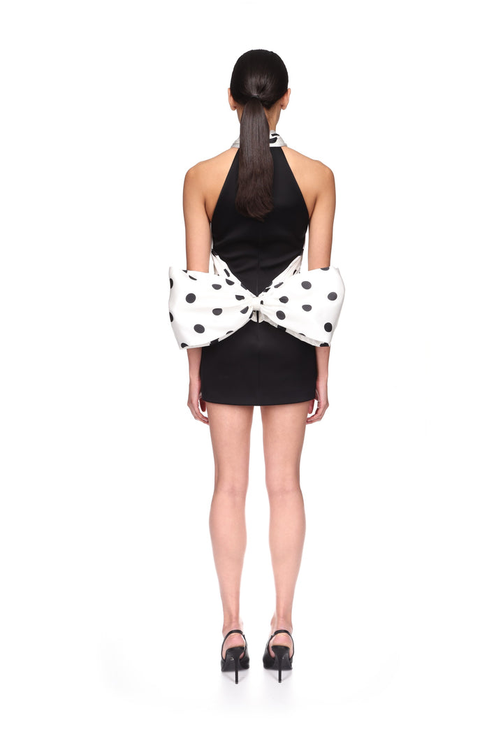 POLKA-DOT PRINT HALTER MINI DRESS WITH BOW