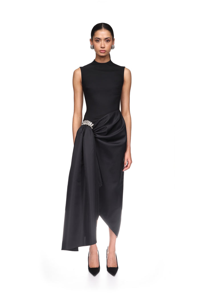 CRYSTAL BROOCH AND DRAPED HEM MIDI DRESS