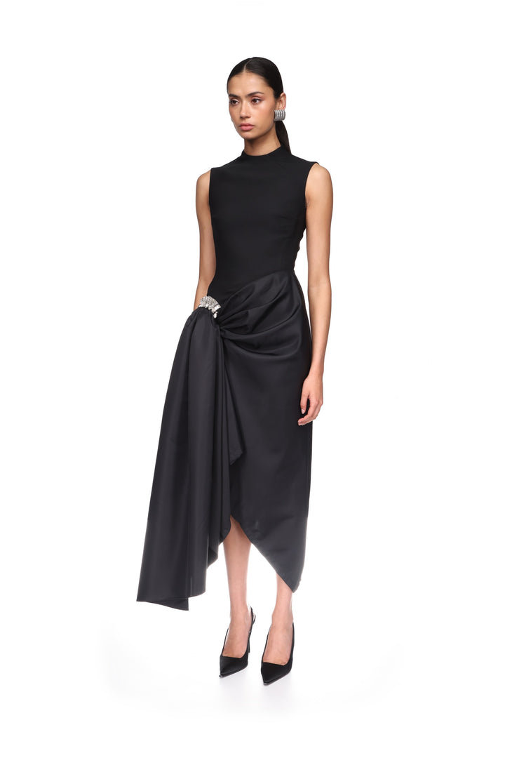 CRYSTAL BROOCH AND DRAPED HEM MIDI DRESS