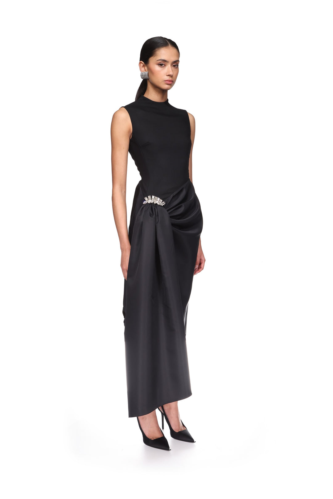 CRYSTAL BROOCH AND DRAPED HEM MIDI DRESS David Koma crystal-brooch-and-draped-hem-midi-dress-david-koma