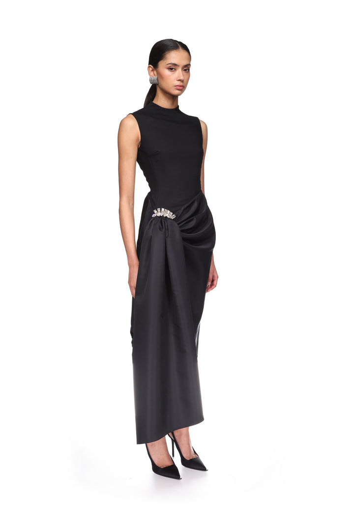 CRYSTAL BROOCH AND DRAPED HEM MIDI DRESS
