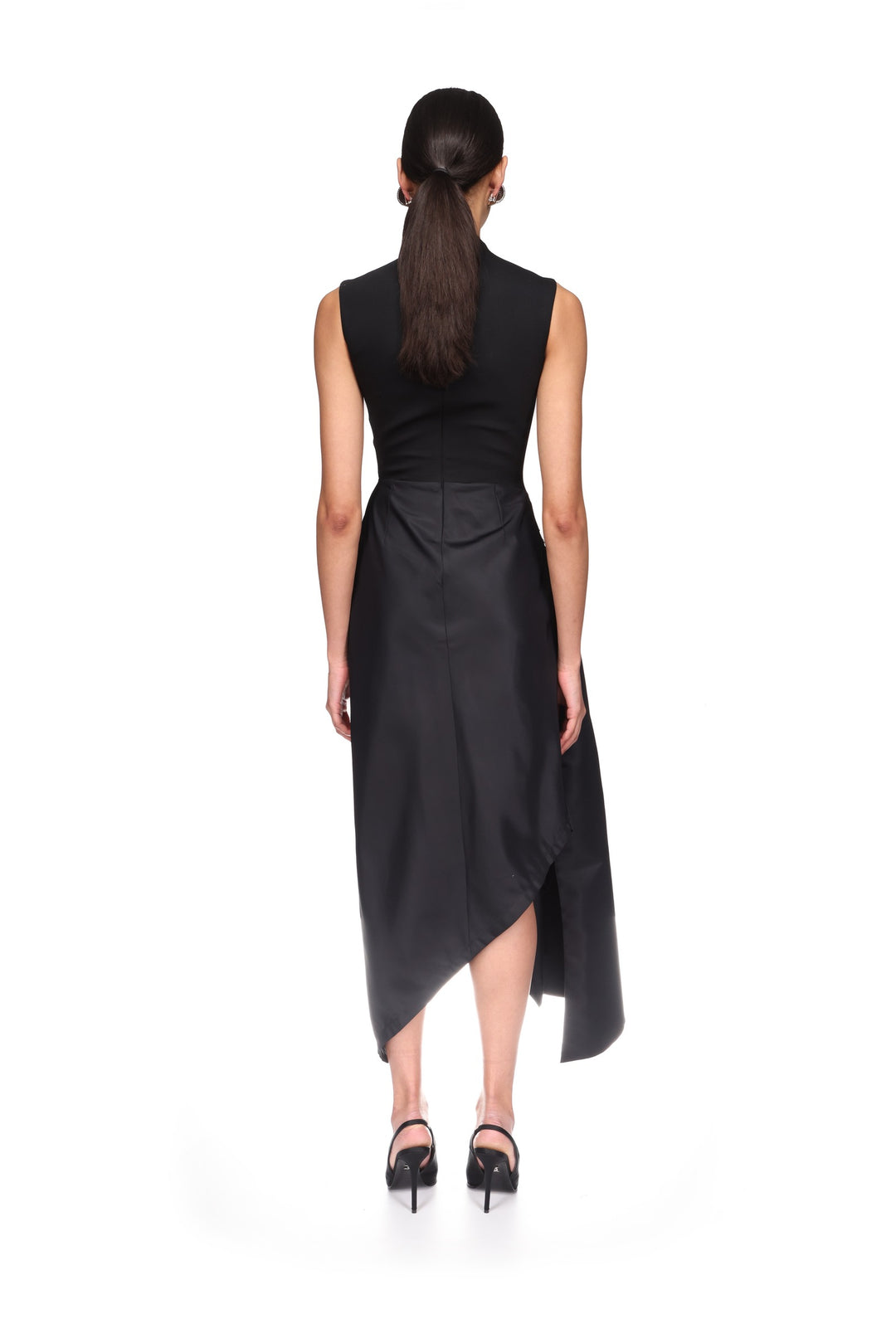 CRYSTAL BROOCH AND DRAPED HEM MIDI DRESS