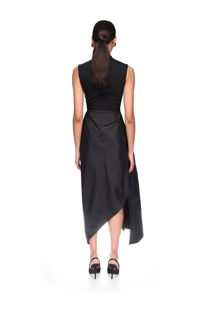 CRYSTAL BROOCH AND DRAPED HEM MIDI DRESS