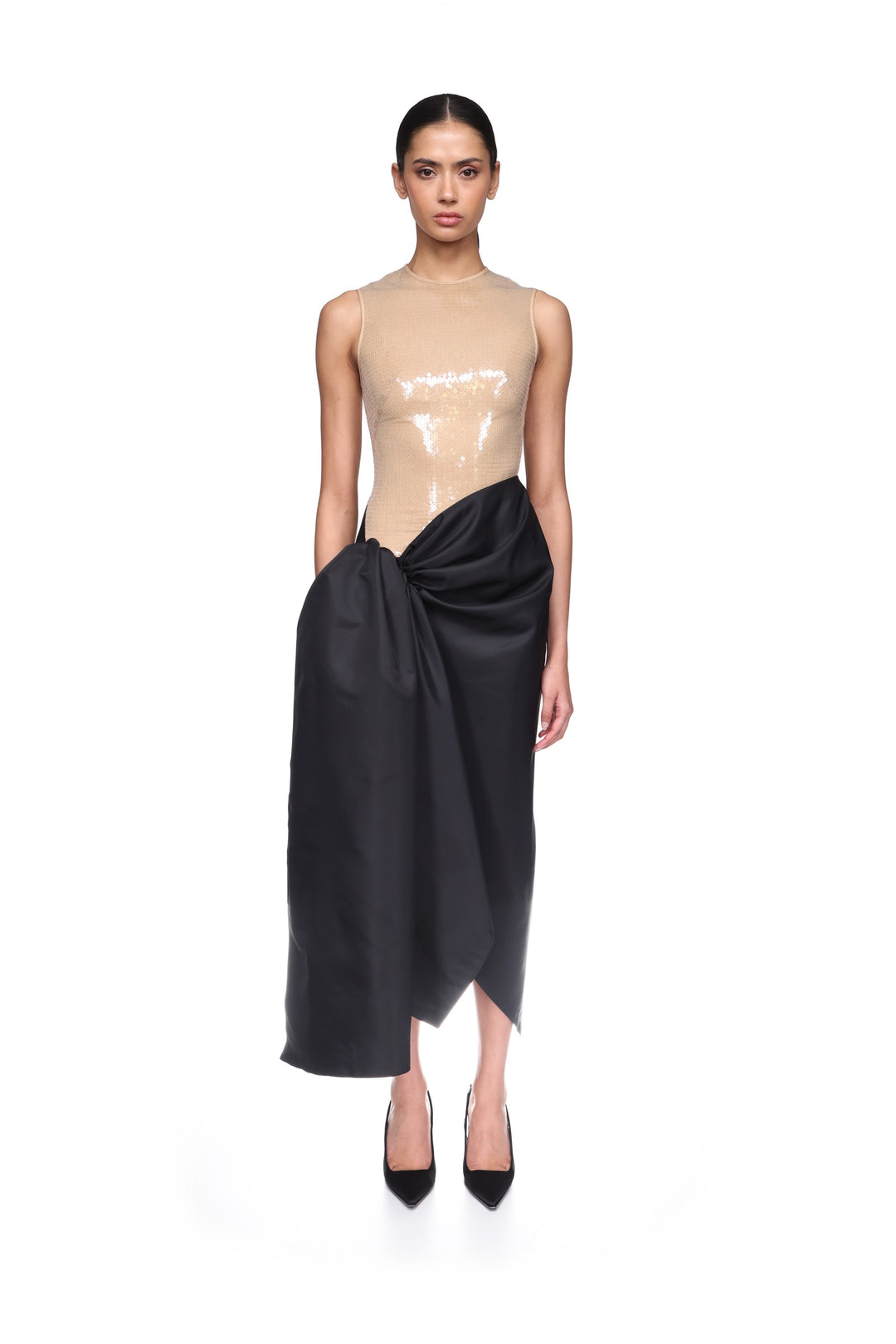 SEQUIN TOP AND DRAPED SKIRT MIDI DRESS