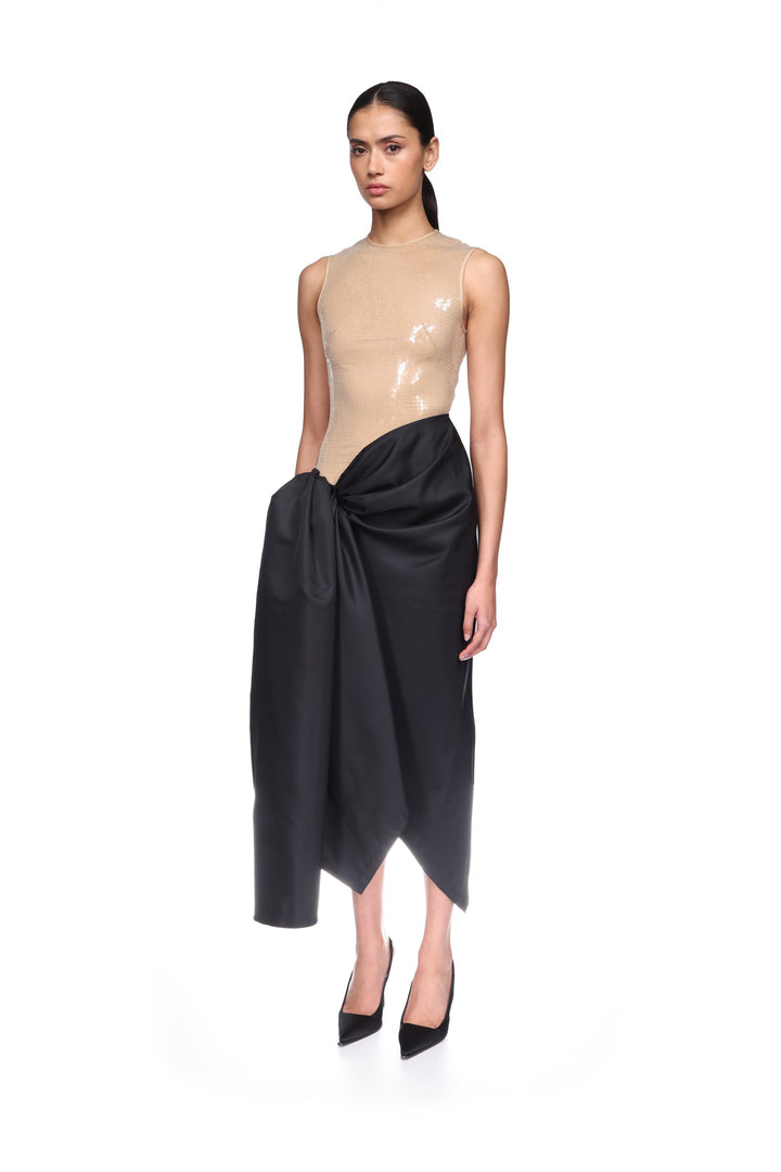 SEQUIN TOP AND DRAPED SKIRT MIDI DRESS