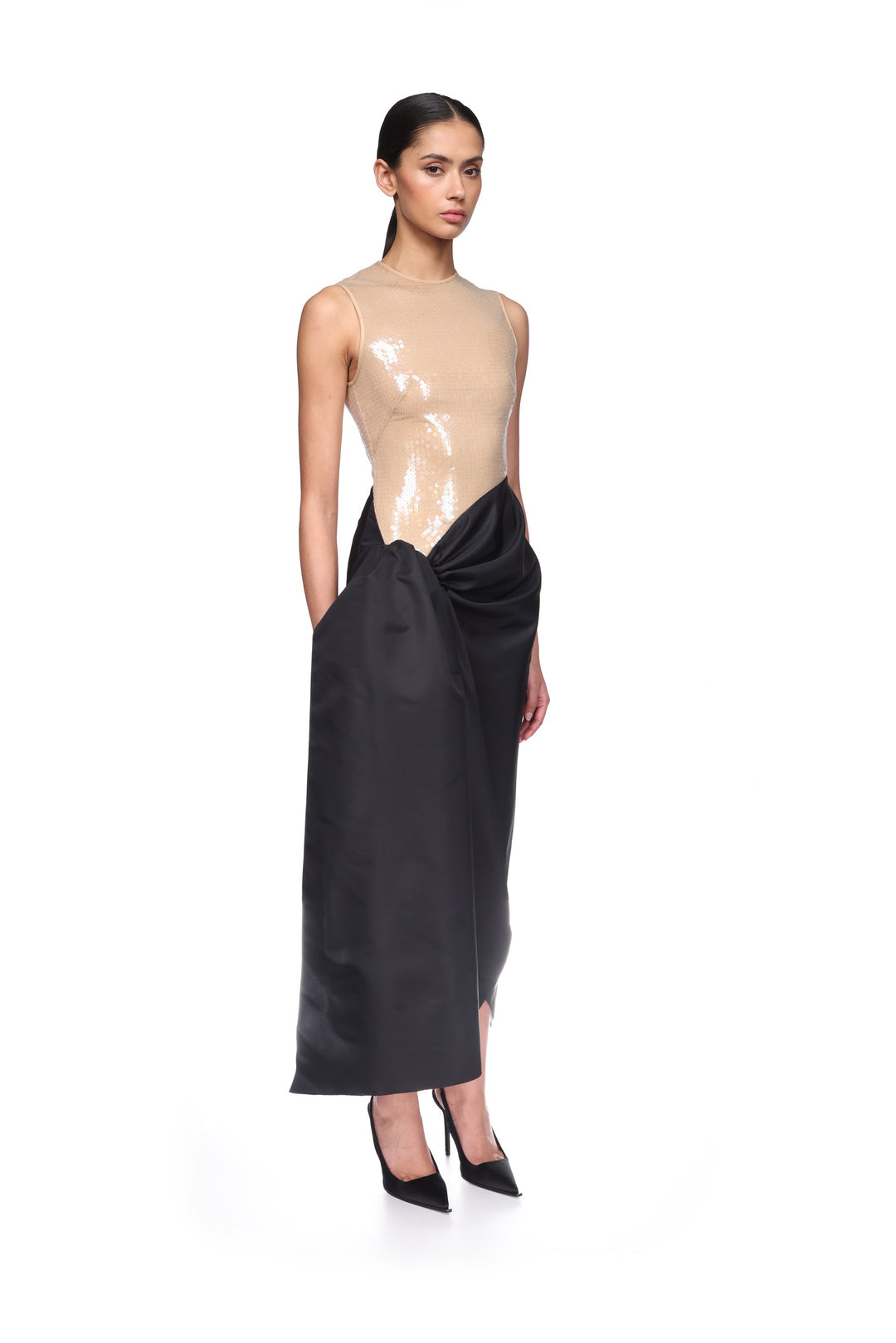 SEQUIN TOP AND DRAPED SKIRT MIDI DRESS