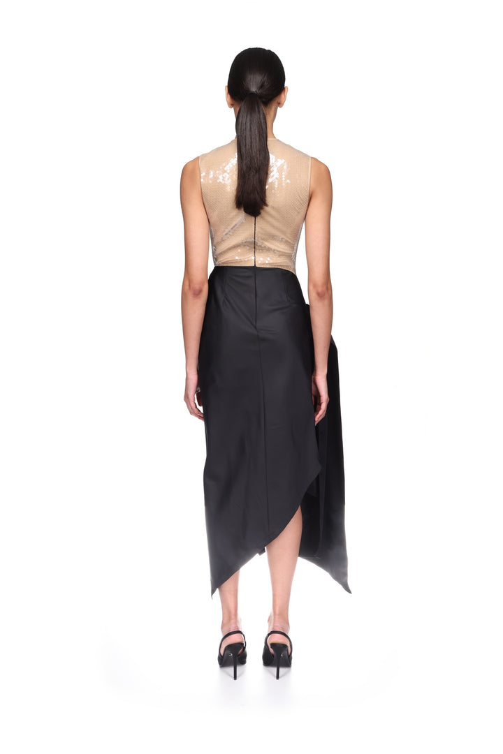 SEQUIN TOP AND DRAPED SKIRT MIDI DRESS