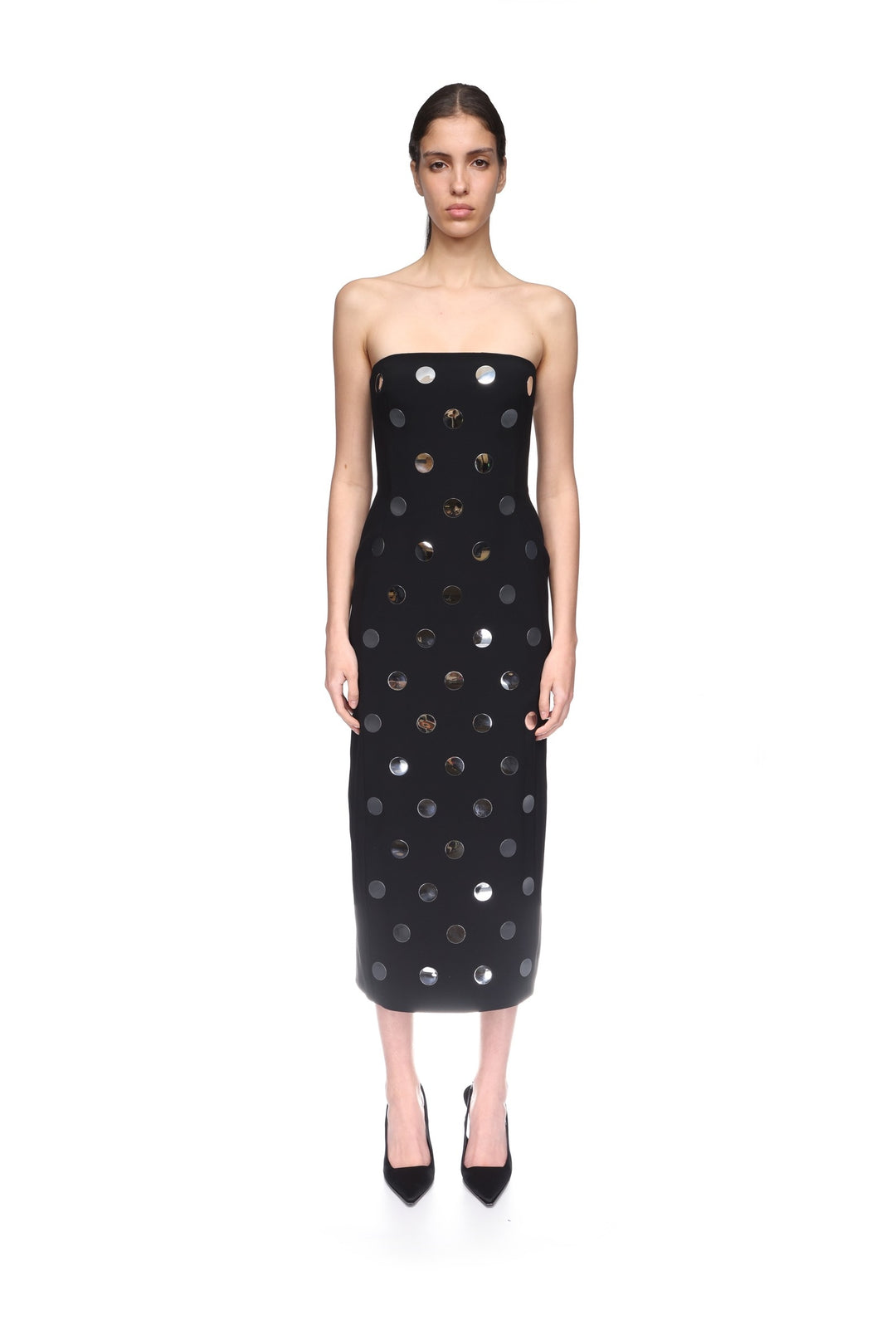 ALLOVER POLKA-DOT HOTFIX DETAIL STRAPLESS DRESS