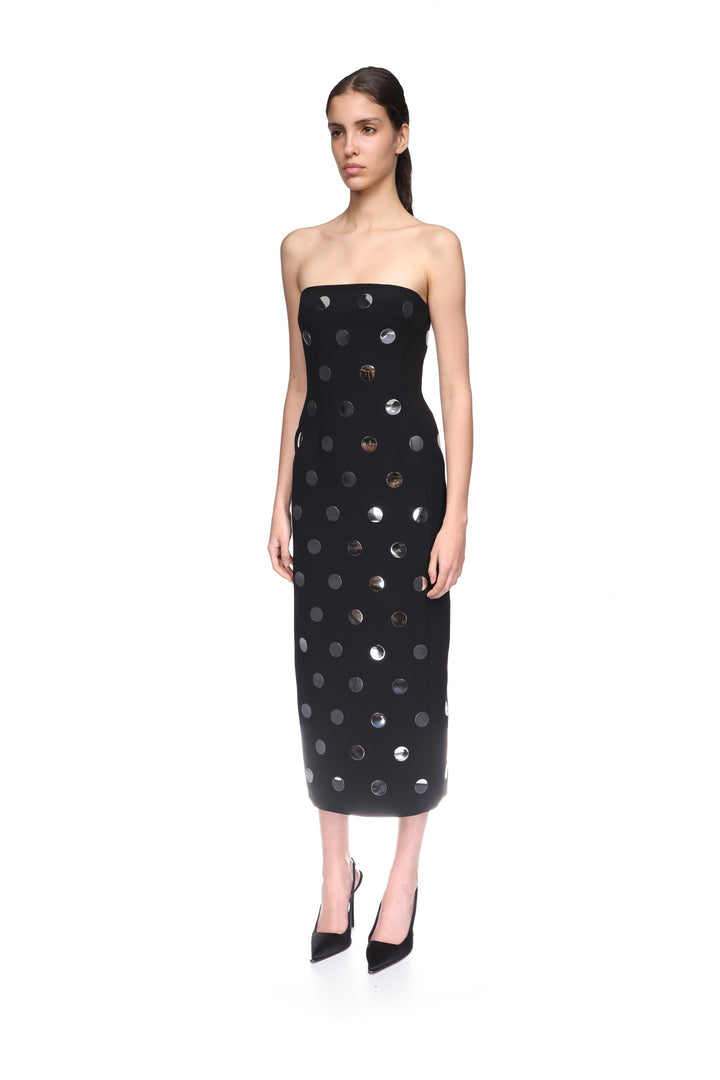 ALLOVER POLKA-DOT HOTFIX DETAIL STRAPLESS DRESS