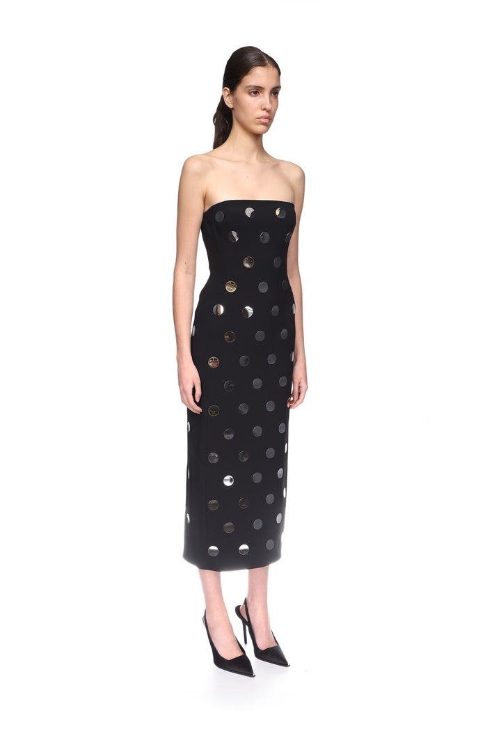 ALLOVER POLKA-DOT HOTFIX DETAIL STRAPLESS DRESS